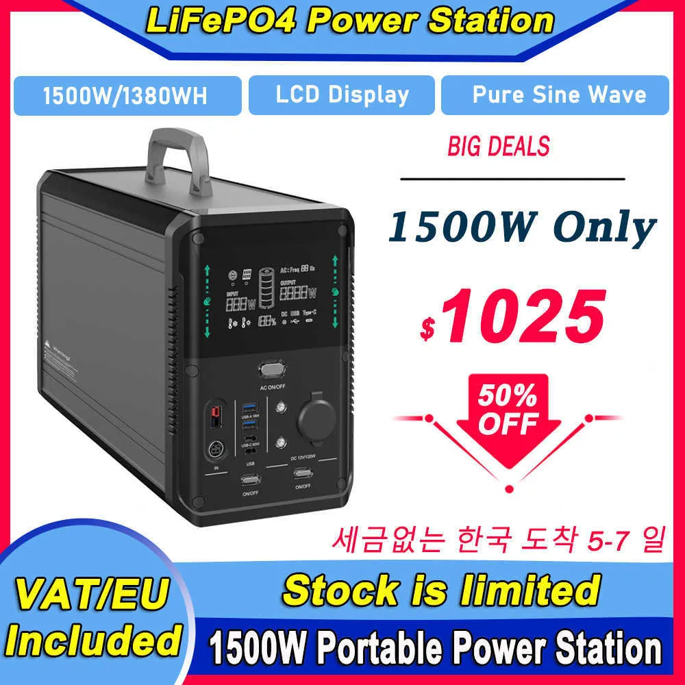 LiFePO4 Batteria Portatile Power Station 1500W/1380WH 432000mAh PD 60W Generatore Solare a Ricarica Rapida per Emergenza Domestica Outdoor RV