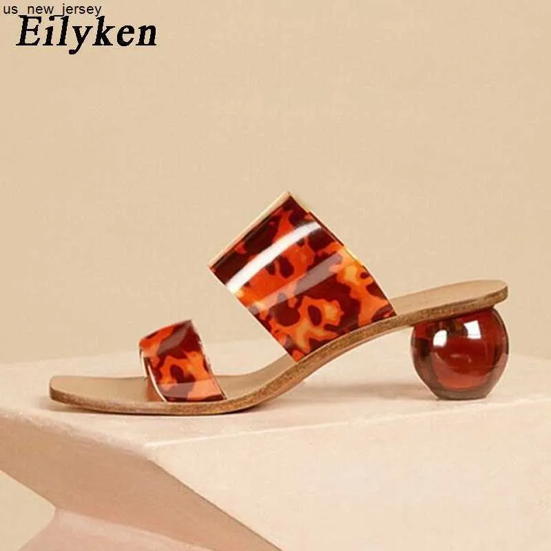 Slippare Eilyeken Summer Clear PVC Square Toe Ladies Shoes Transparent Crystal Round Ball Heel Slippers Women Leopard Grain Jelly Sandals J230519