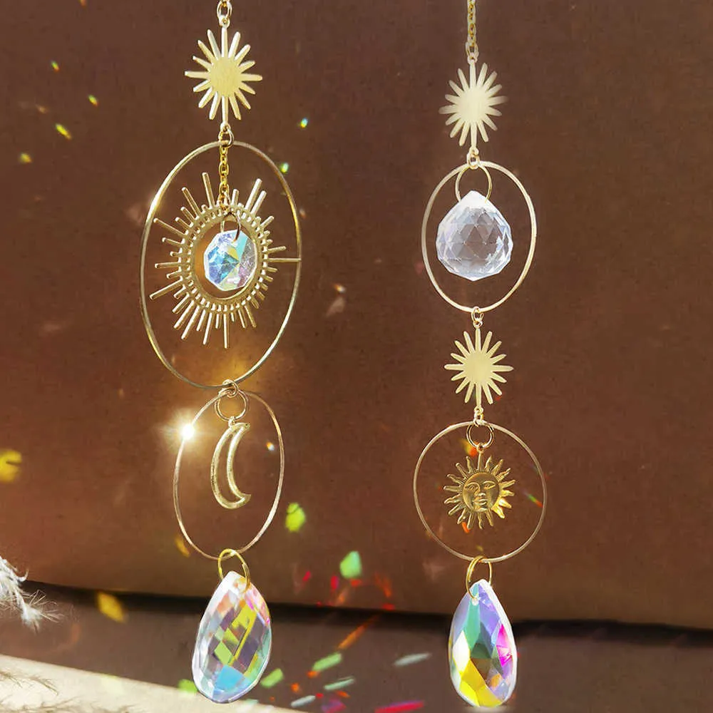 Andra trädgårdsmaterial Suncatcher Crystal Sun and Moon Crystals Prism Rainbow Sun Catcher Garden Decation Hanging Sundrop Window Patio Prydnad G230519