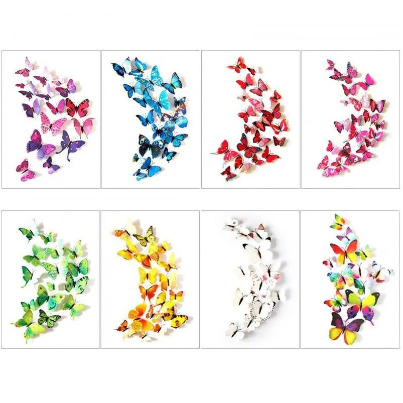 Other Decorative Stickers 12Pcs/Set 3D Butterfly Wall Sticker Pvc Self Adhesive Fridge Magnet Art Decal Kid Room Home Decor Drop Del Dhn1Y