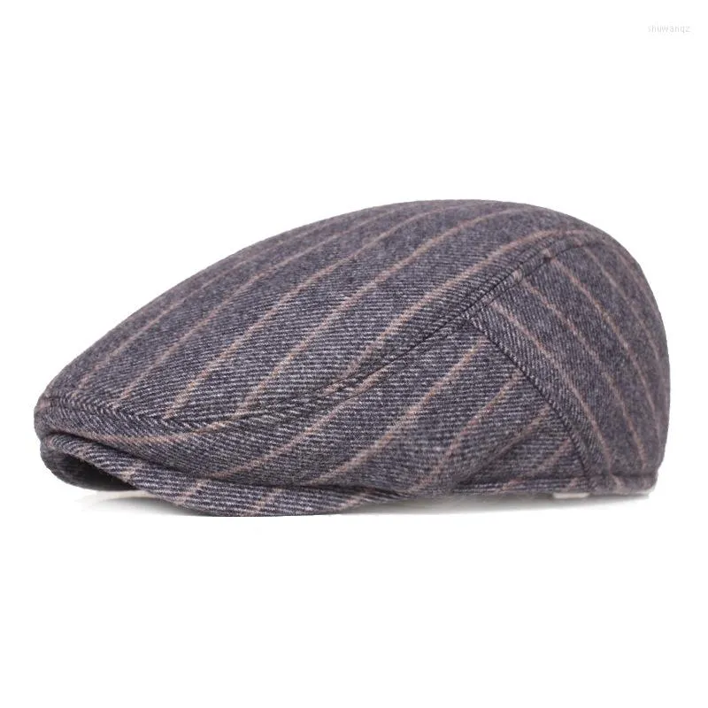 Berets Wintersboy Caps For Men Fashion Stripe Ivy Cap 30% Wool Tweed Scally Hat Outdoor Driving Hats Black Flat Causal