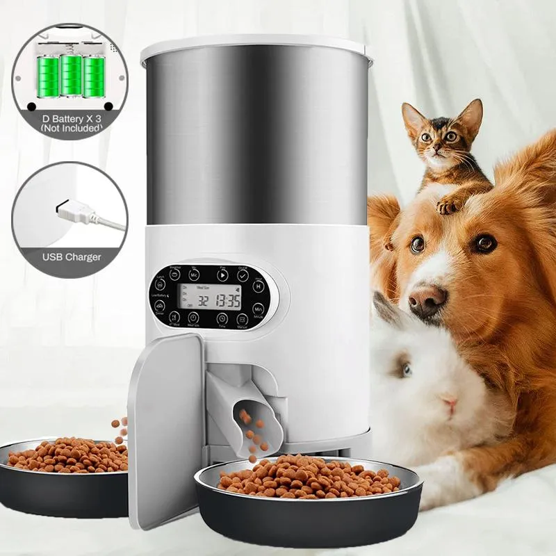Mata automatisk husdjursmatare -knapp WiFi Smart Cat Dog Food Dispenser Matning Katter Timer Rostfritt stål Double Meal Bowl Automatare