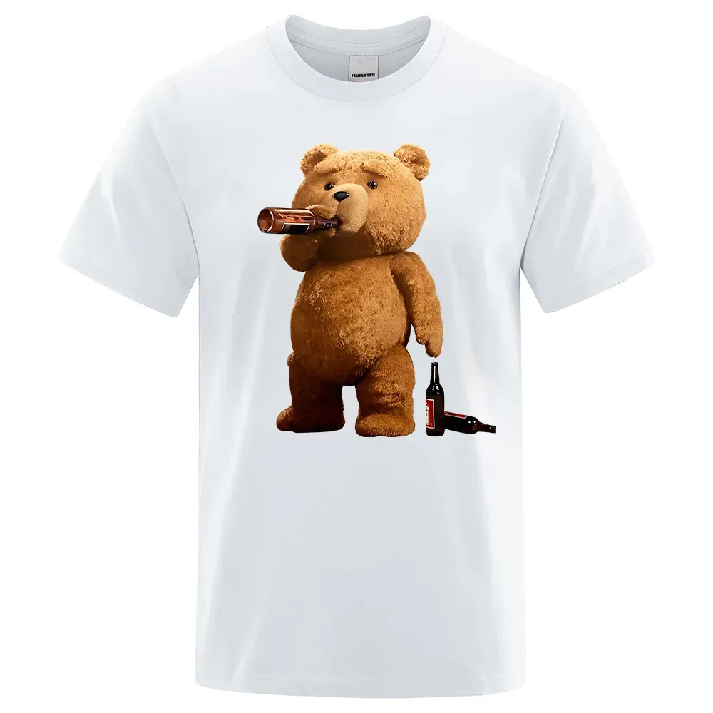 Lovely Ted Bear Drink Beer Poster Funny Printed T-Shirt Men Fashion Casual Short Sleeves Loose Oversize Tee Street