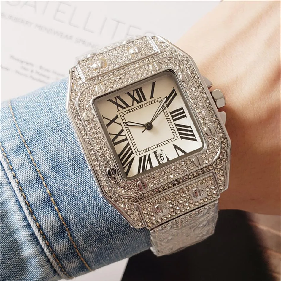 Iced Out Uhren für Damen und Herren, Volldiamantarmband, Quarzwerk, modische Kleideruhr, automatisches Datum, wasserdicht, analog, hohe Qualität288F