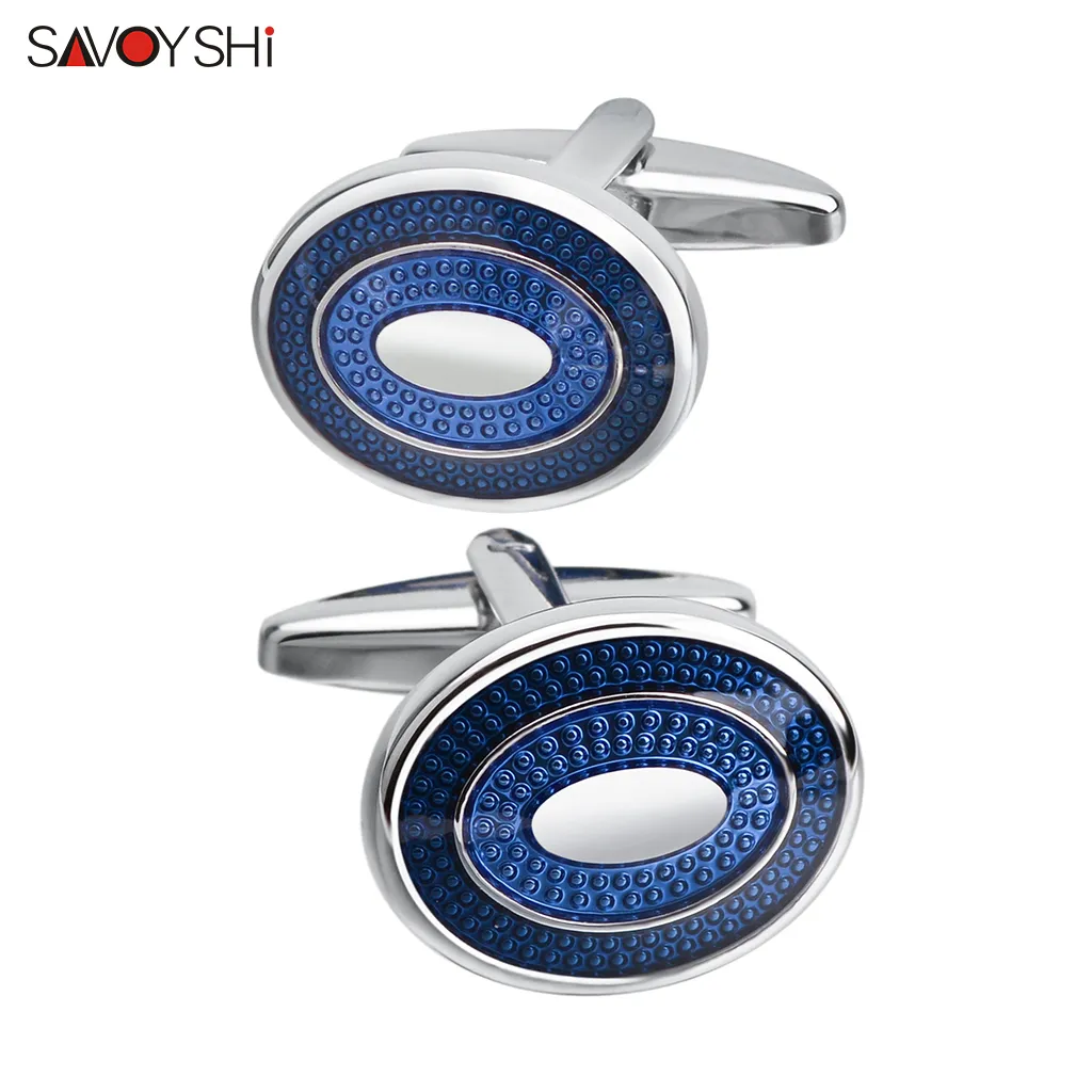 SAVOYSHI Classic Bussiness Gemelli per camicia da uomo Pulsanti ovali smaltati blu di alta qualità Regalo speciale Nome incisione gratuita