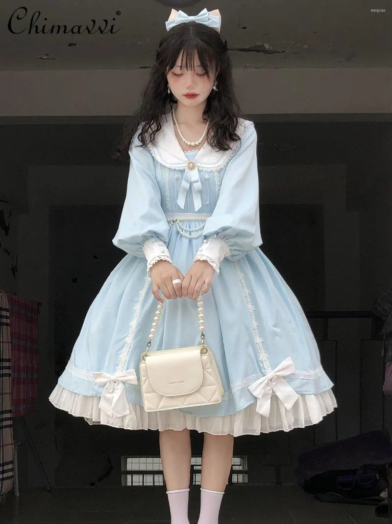 Casual jurken Origineel OP Daily Girl Lolita 2023 Spring Fashion Navy Collar Lange Mouw High Taille Slim Fit Sweet Jurk Women