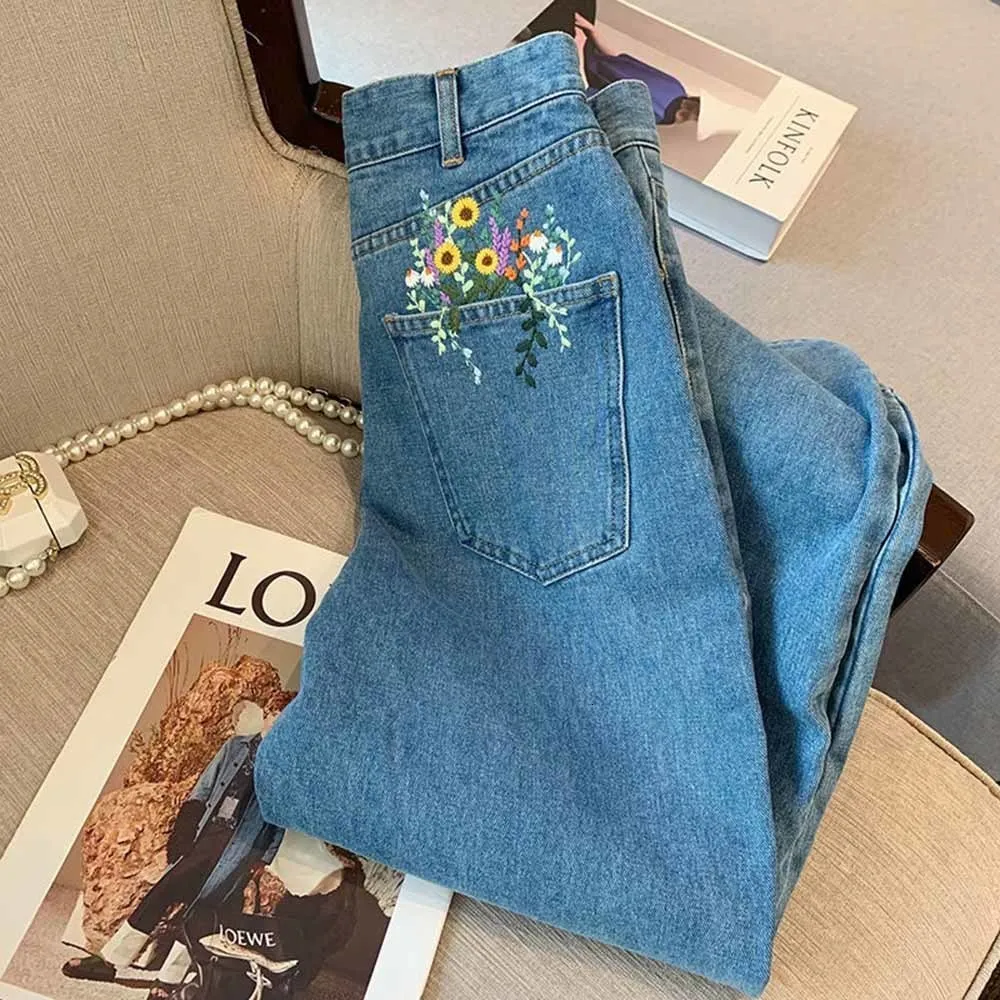 Embroidered High Waist Wide Leg Jeans - Womens Denim Pants Embroidered High Waist Wide Leg Jeans - Womens Denim Pants