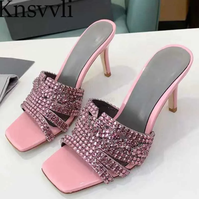 Slippers New High Heels Slippers Women Rhinestone Wedding Shoes Lady Peep Toe Mules Shoes Summer Thin Heel Sandals Woman Zapatillas Mujer X230519