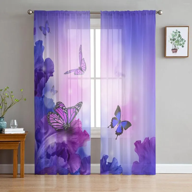 Tenda Farfalla Fiore Viola Tulle Casa Ufficio Finestra Decorazione Camera da letto Cucina Balcone Moderno Trasparente