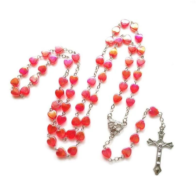 Pendentif Colliers Catholique Acrylique Coeur Chapelet Collier Long Cross Strand Bijoux Religieux Pour Femmes Pendentif Drop Delivery Pendentifs Dhmf7