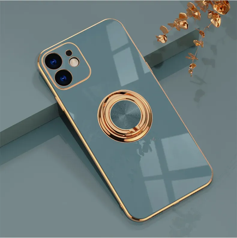 Yezhou2 Gold Electricating Frame Mobiltelefonfodral Luxury Magnetic Cover With Metal Ring Holder Stand för iPhone 13 12 11 Pro Max X XR XS 6S 7 8 Plus