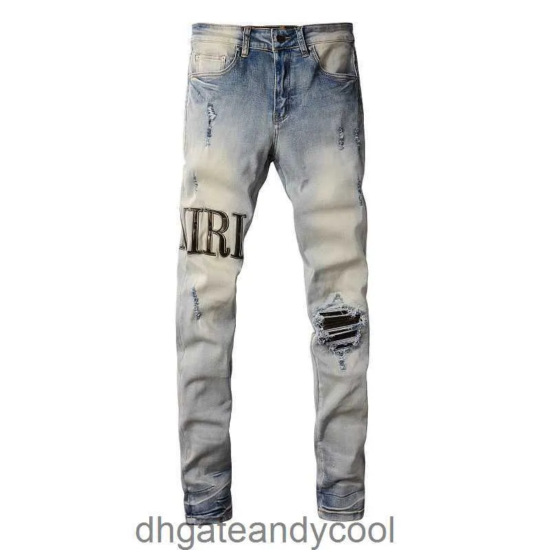 Amirres Jeans Designer Pants Man high street fashion brand old Denim torn jeans men's camouflage leather stretch slim pants FFHH