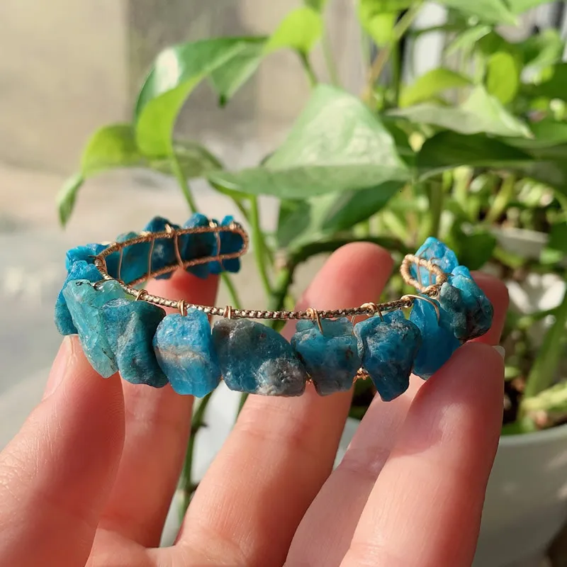 Natural Stone Open Cuff Bangle Bracelet With Crystal Chain
