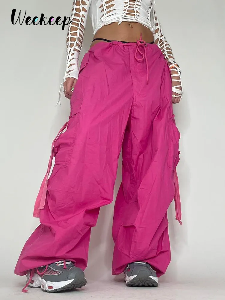 Womens Two Piece Pants Weekeep Oversized Cargo 2023 여름 스웨트 팬츠 레이스 업 리본 로우 라이즈 세련된 핑크 s 캐주얼 스트리트웨어 여성 230519