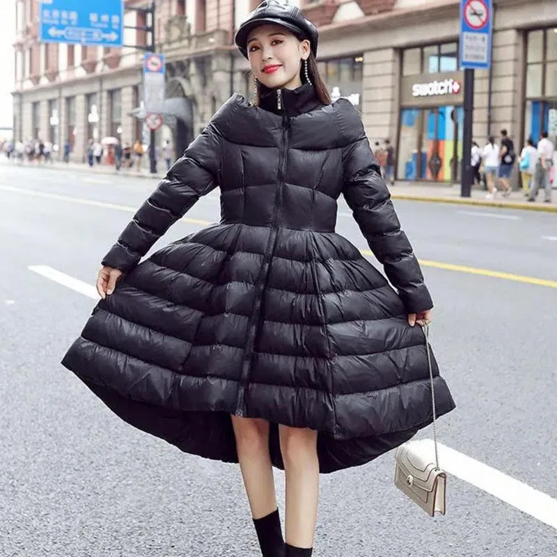 Damengrabenmäntel 2023 Winter verdicken mittellange Daunenbaumwolljacke Frauen Schwarz Weiß A-Linie Warme Damen Elegant Chic Gepolsterter Reißverschluss