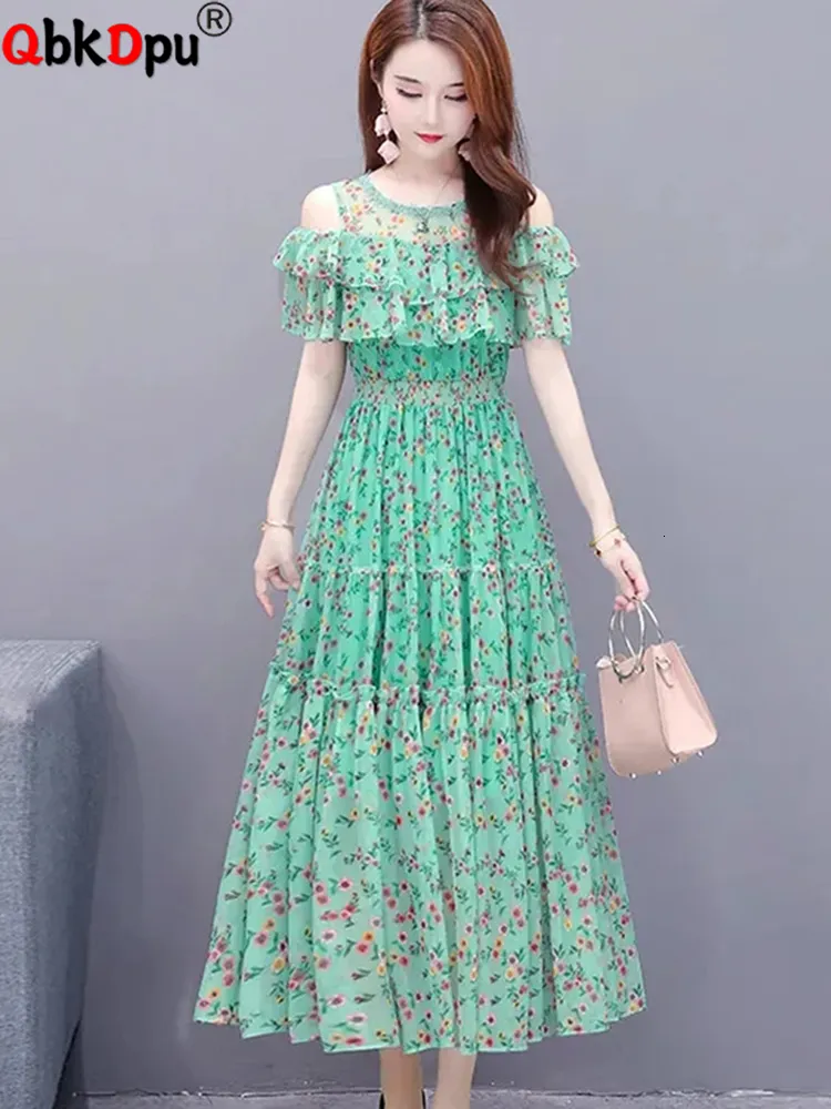 Grundlegende Casual Kleider Frauen Boho Mesh Blumen Kleider Koreanische Off Schulter Printted Große Größe 4xl Kleid Elegante Sommer Vestido Midi strand Party Roben 230519