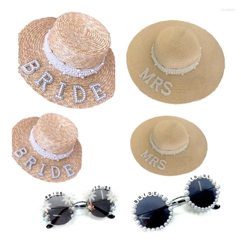 Wide Brim Hats Straw Weaving Brides Hat& Sunglasses Wedding Sunproof Hat Seaside Bride Western Elegant Dress Accessory DropShip