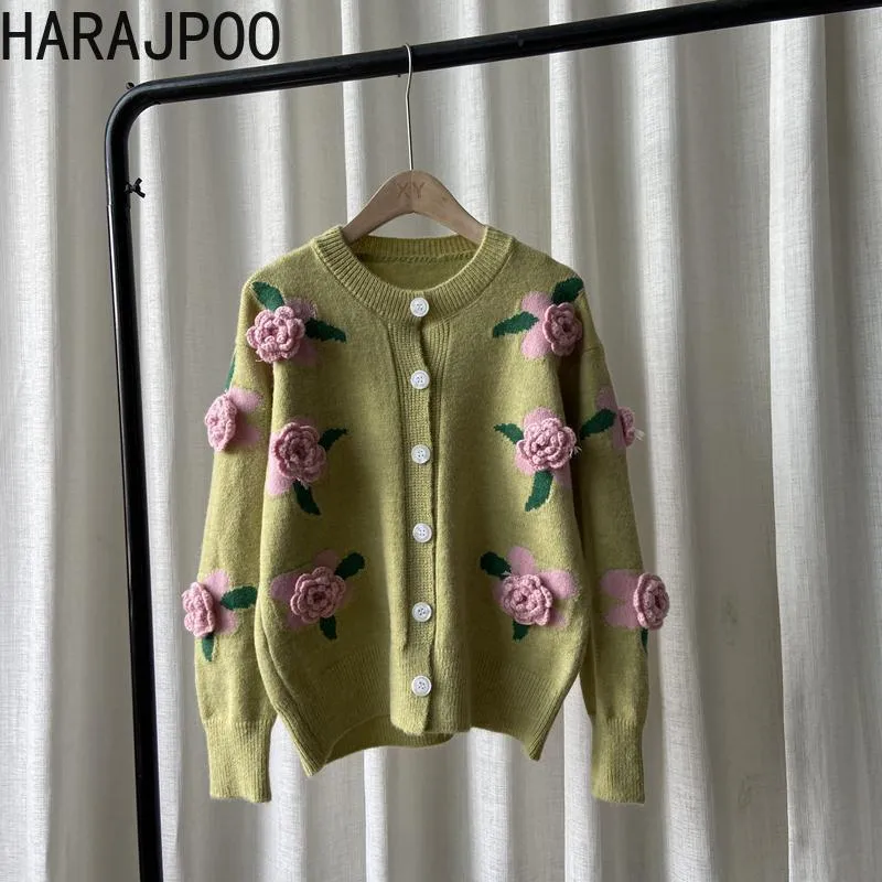 Tröjor harajpoo cardigans kvinnor steg tredimensionell blommor broderi 2021 Autumn New Knitwear tröja kvinnlig grön koreansk