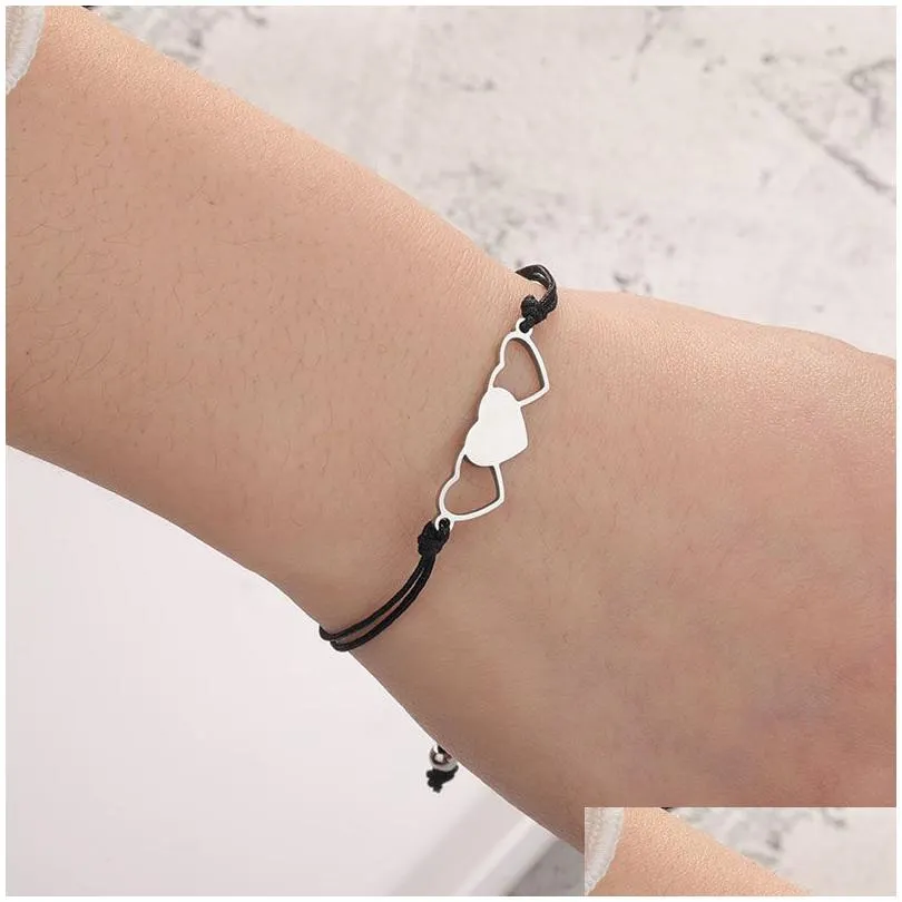 Charm Bracelets Handmade Double Heart Braided Friendship Rope Bracelet Stainless Steel Jewelry Drop Delivery Dhgarden Dhiu4