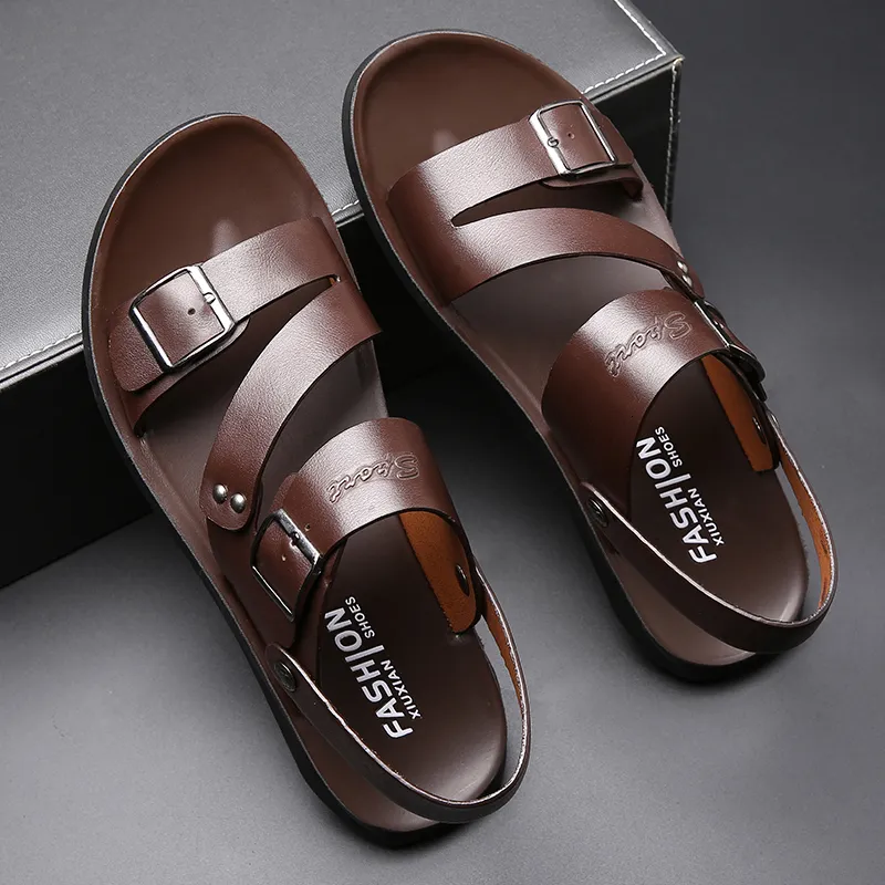 Solid pu heren beknopte kleur leer mannen zomer casual comfortabele open teen sandalen zachte strandschoenen mannelijke schoenen 230518 830