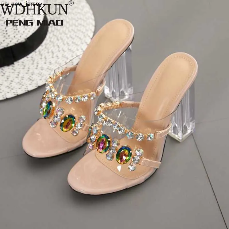 Slippers wdhkun Summer moda cristal diamante desliza clara pvc transparente chinelos femininos sapatos peep toe salto alto bombas de vestido j230519