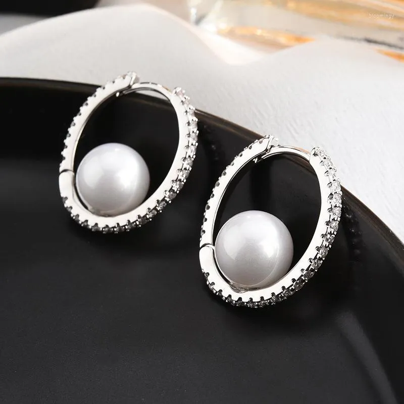 Stud Earrings Circle Micro-inlaid Zircon Pearl Personality Wild Ol Style Time For Work Party Jewelry Gift