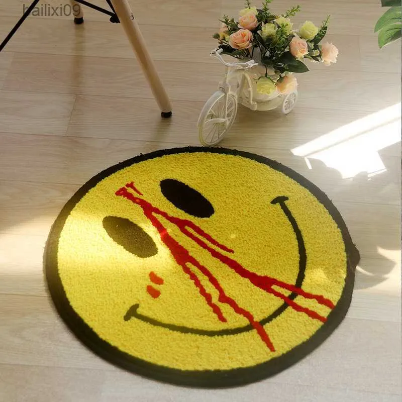 50cm Smiley Face Carpet INS Nordic Round Bath Mat Living Room Area Rug Bathroom Doormat Anti-slip Absorbent Floor Mats Bedroom T230519