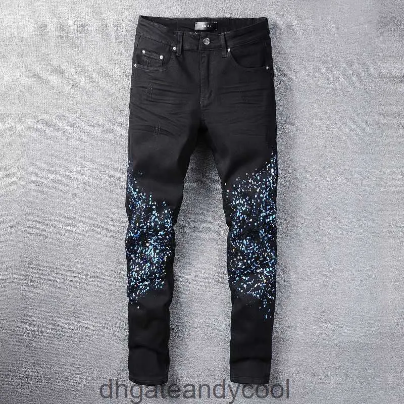 Amirres jeans designer byxor man det nya modemärket tvättar denim vatten svart gör gamla hål stänk spray spray färg bantning stretch jeans mäns höga 4vvn