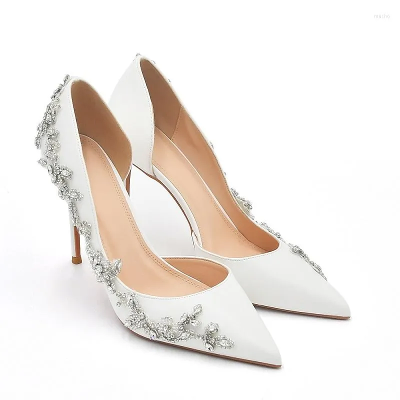 Sandali Primavera Estate Lato Hollow Punta Bianca PU Perla Strass Scarpe da sposa da sposa Tacco alto sottile Abito da sera Grandi donne