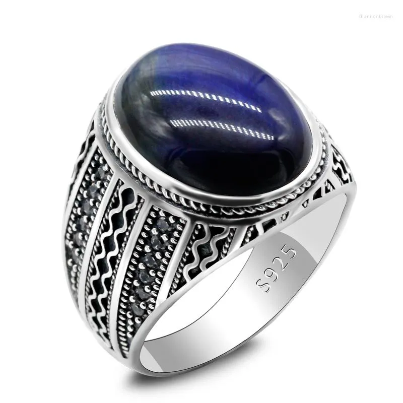 Klusterringar 925 Sterling Silver Blue Tiger Eye Men's Ring Design smycken handgjorda unika födelsedagspresent vardagliga slitage storlek