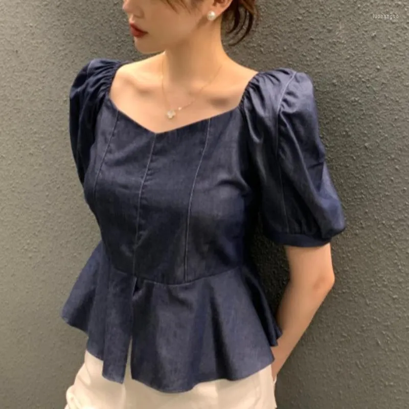 Women's Blouses Vintage Elegant Shoulder Boat Neck Design Blouse Waist Ruffled Short Bpuff Sleeve Shirt 2023 Summer Korean Chic Top Woman