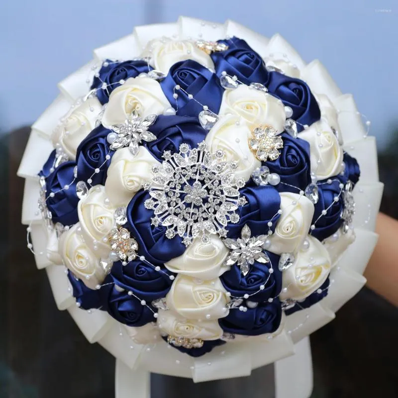 Decorative Flowers Pearls Beaded Wedding Bouquet Sparking Rinestone Satin Rose Hand Colorful Smart And Large Size W631P