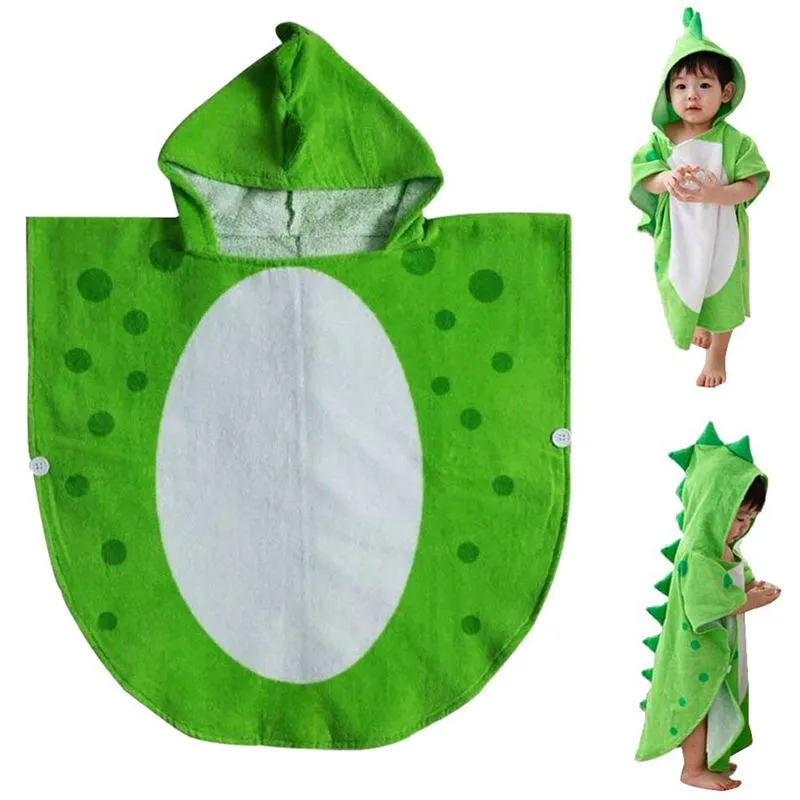 Children Bath Towel Robe Kids Hooded Beach Swimming Poncho Dinosaur Pattern(Green+White 55 Cm X 110 Cm)