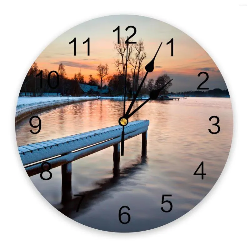 Horloges murales hiver thème lac coucher de soleil PVC horloge Design moderne salon décoration maison Decore numérique