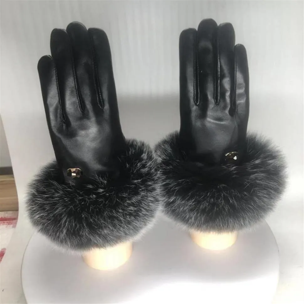 秋の冬の手袋豪華な暖かいファッションレディースのソフトフォックスファーレザータッチスクリーンシープスキンmittens211r