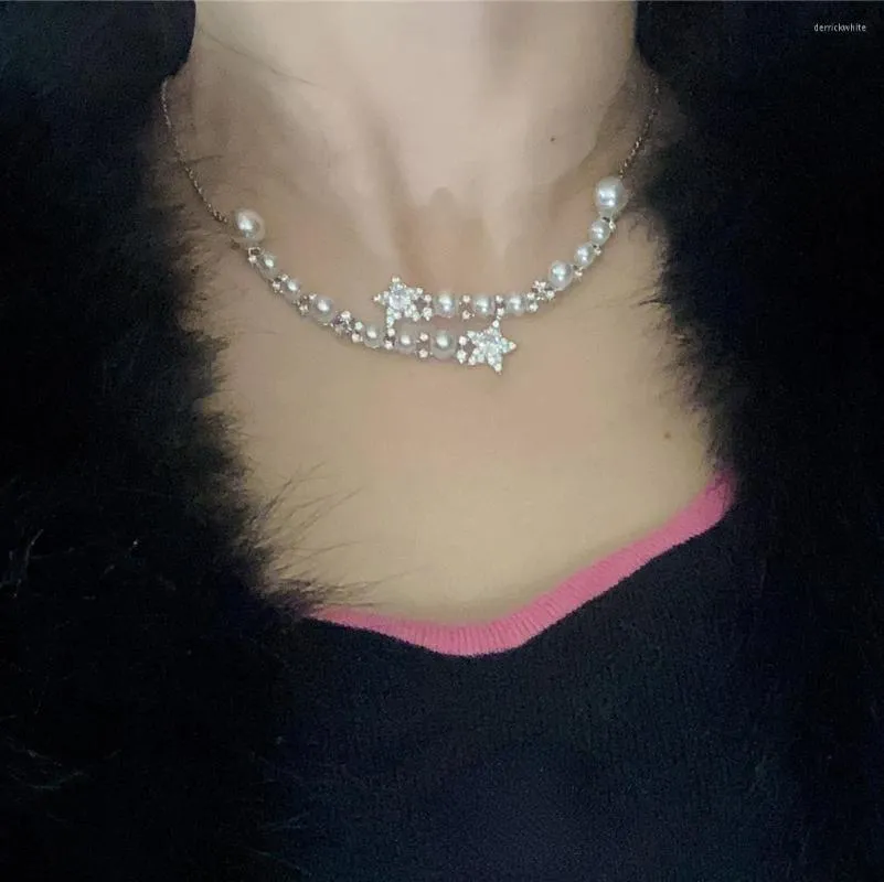 Pendant Necklaces Delicate Sparkling Rhinestones Star Pentagram Choker Korean Fashion Pearl Short Collar Necklace For Women Egirl Wedding
