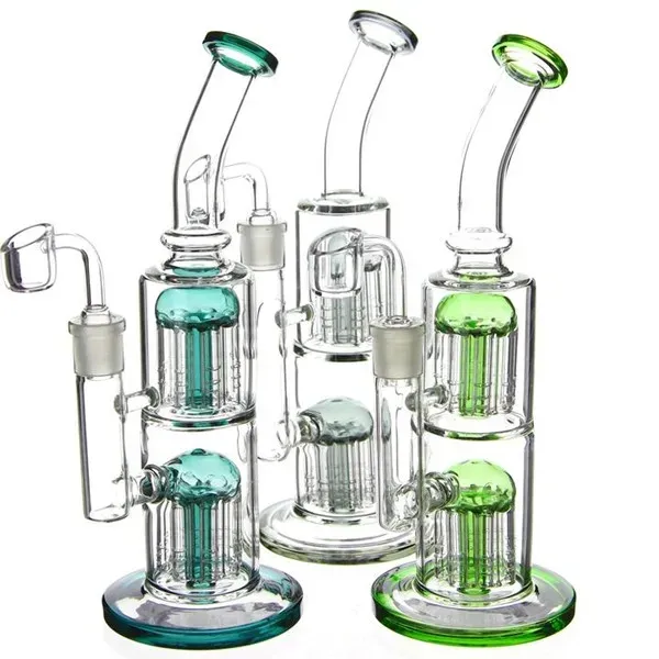 9 Inch Green Glass Water Bong Hookahs Female 14mm Thick Smoking Pipes With Double Tree Arm Perc