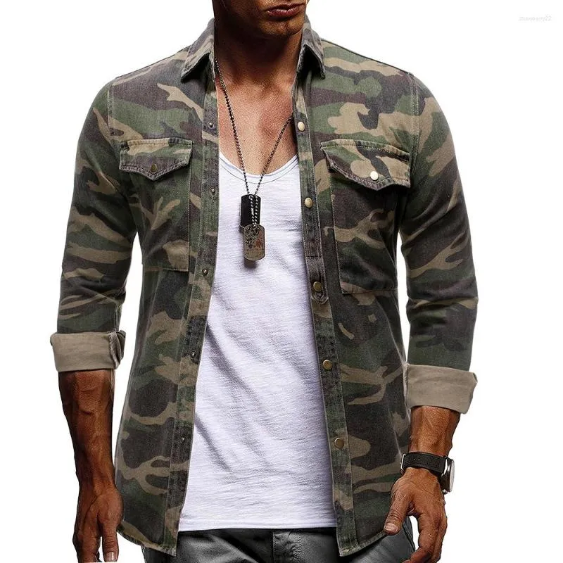 Men's Jackets Men's Casual Long Sleeve Camouflage Denim Shirts Outdoor Mountaineering Wear Lapel Button Army Green Cotton Male Blouse