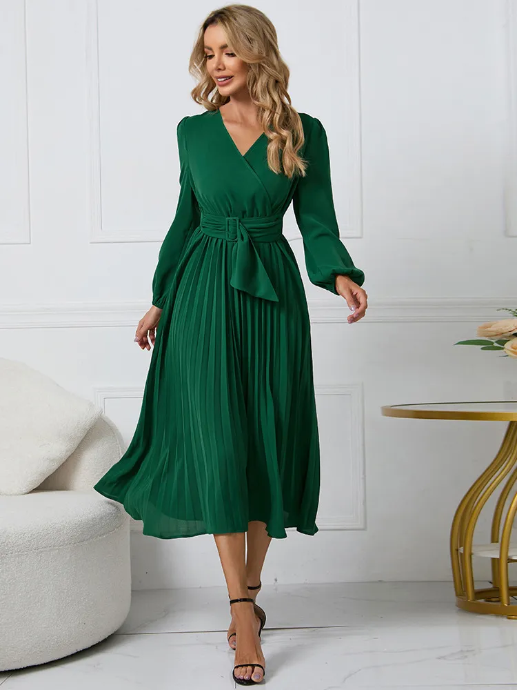 Basic Casual Dresses Slim Pleated Belt Dress Women V-neck Ruffle Long Sleeve A-Line Dress Female Solid Long Elegant Party Dress Loose Mid-Calf Skirt 230519