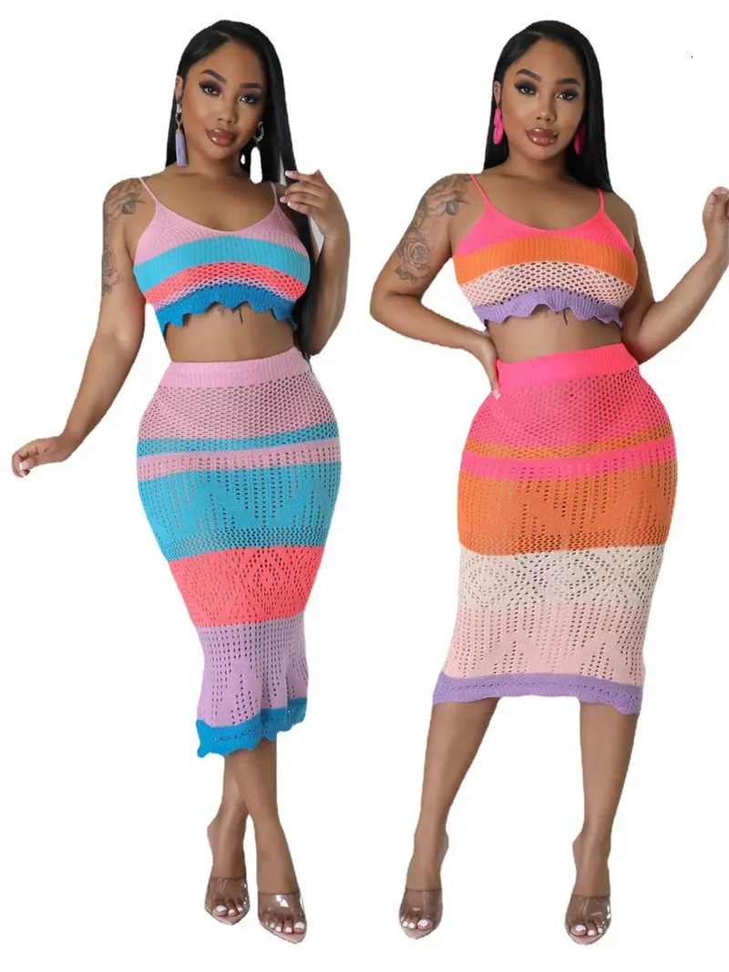 Duas peças vestido cor retalhos mão crochê malha 2 saias conjunto mulheres verão espaguete cintas backless colheita top bodycon midi saia ternos 230518