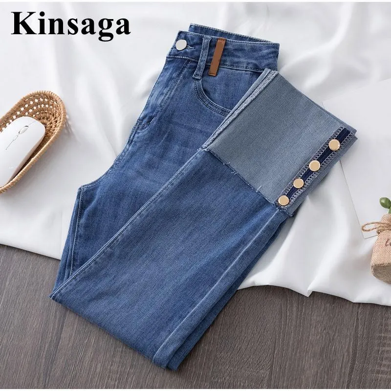 Calças de brim harajuku botões retalhos estiramento jeans magros para mulher xxl cintura alta elástico angustiado lápis capris azul denim pant