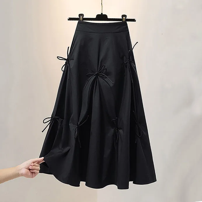 Skirts Gothic Summer Y2k Aesthetic Bows Women Black A-line Skirt Preppy Style Harajuku High Waist Pleated Midi Skirts Streetwear 230519