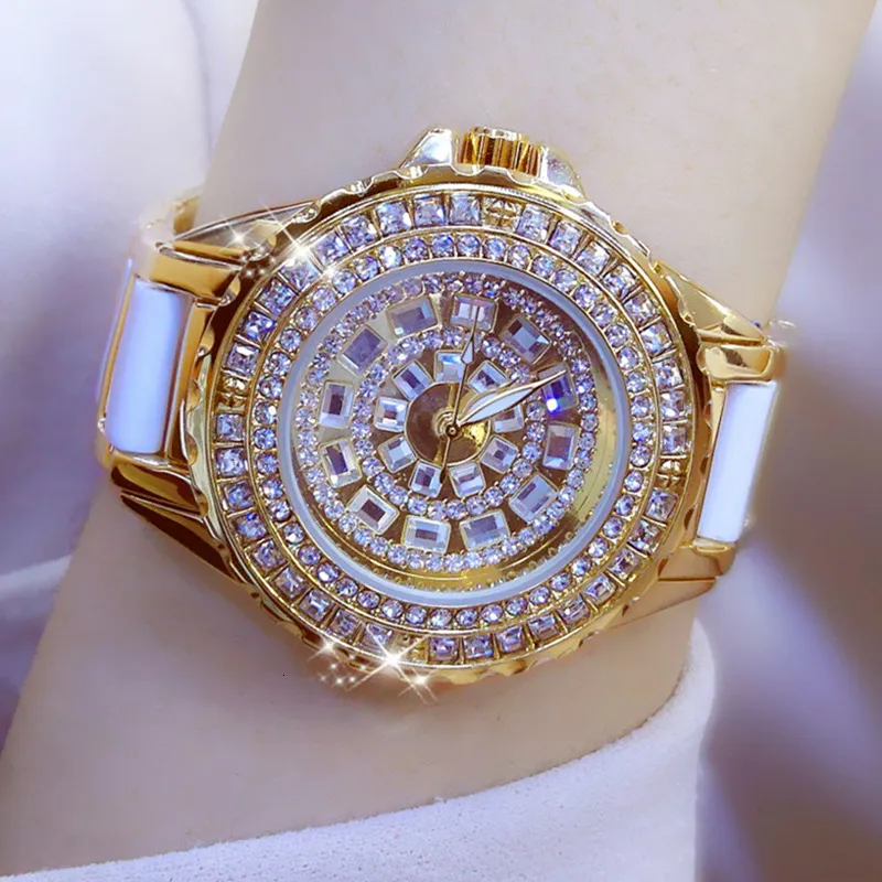 Women s Watches BS bee sister Luxury Brand Women Full Diamond Watch Gold Bracelet Ceramic Strap Female Waterproof Quartz Golden 230519