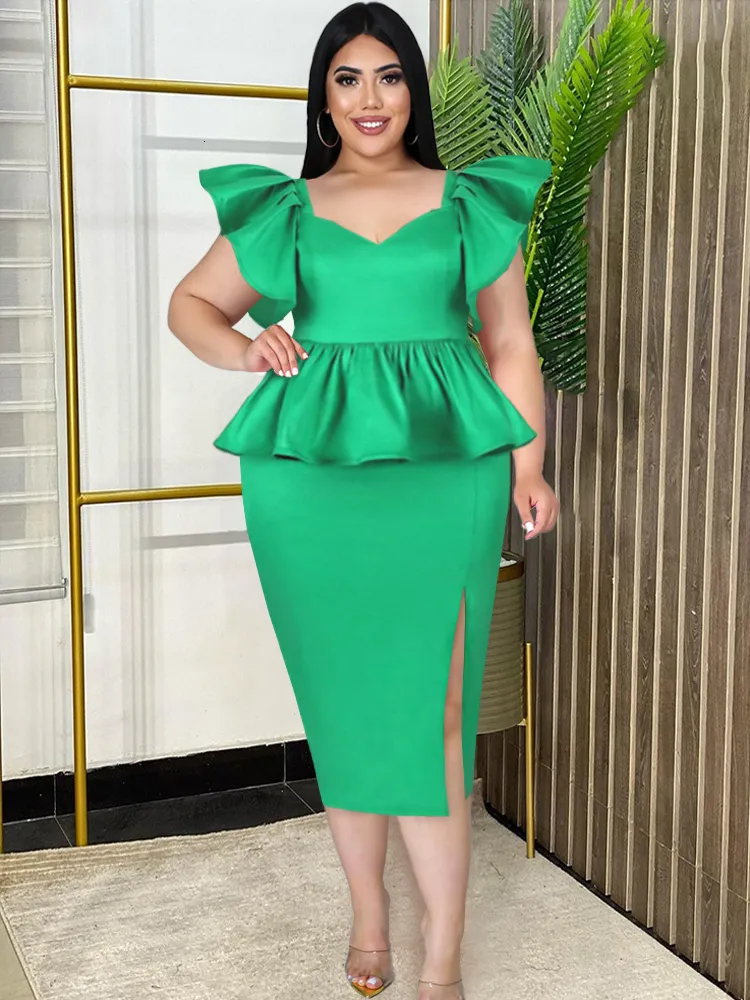 Plus size Dresses Size 4XL Green Party Women Sexy V Neck Ruffles Slit Roves Sleeveless Bodycon Evening Cocktail Birthday Event Gowns 230518