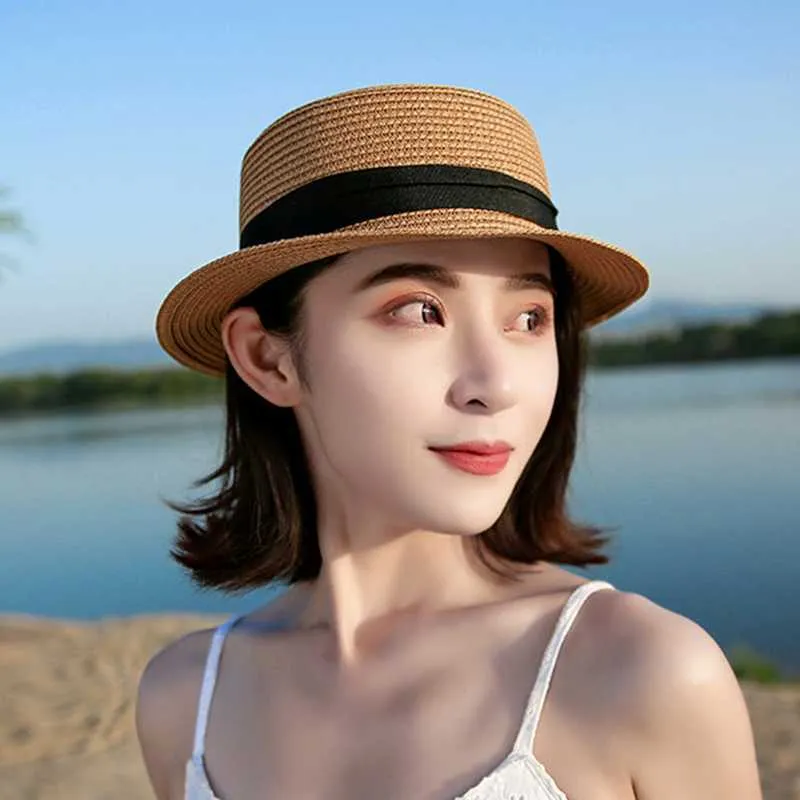 Sombrero de paja Color sólido Sombrero para el sol Mujer Moda Panamá Sombrero Simple Verano Playa Sombrero Mujer Casual Ala plana Arco Diseño Sombrero G220301