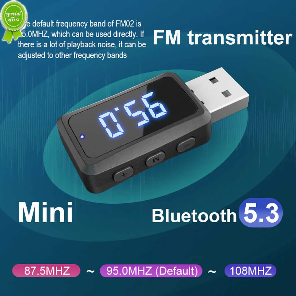 新しいMini Bluetooth 5.3 USB FMトランスミッターレッドディスプレイハンズフリーコールカーキットFMラジオ用のオートワイヤレスオーディオ