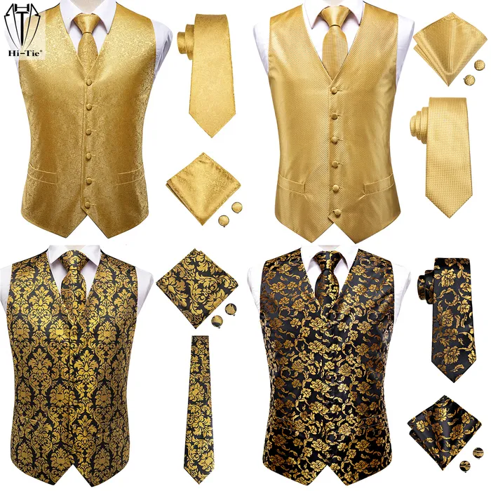 Men's Vests Hi-Tie Luxury Silk Mens Vests Gold Yellow Orange Waistcoat Jacket Tie Hankerchief Cufflinks for Men Dress Suit Wedding Business 230519