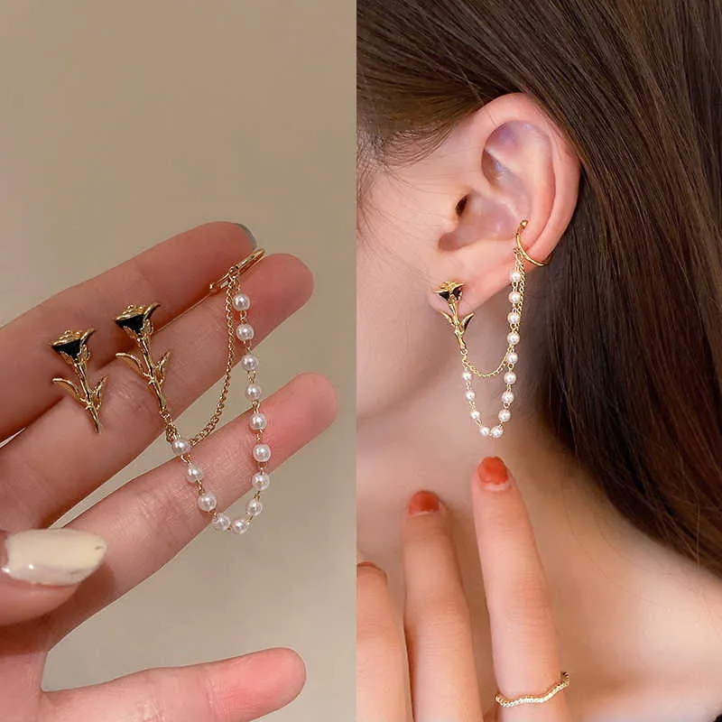 Charm 2022 Rose Flower Pearl Chain Stud Earrings Korean Style Ear Clip Long Tassel Earring Fashion Gold Ear Posts For Women Jewelry AA230518