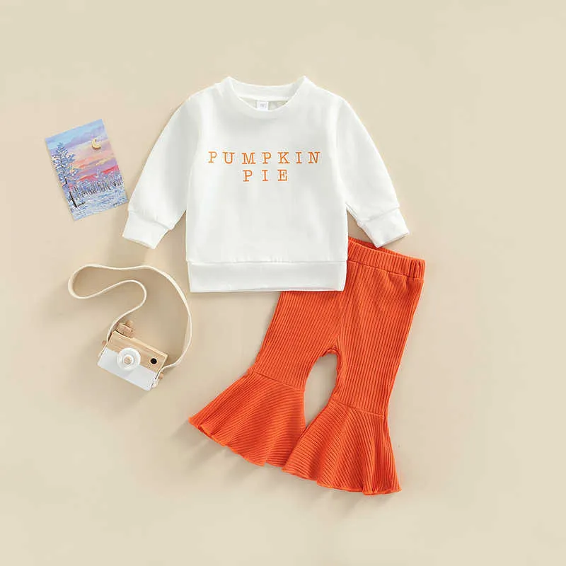 Kledingsets Peutermeisjeskleding Halloween Letter Print Sweatshirt met lange mouwen, ronde hals en uitlopende broek met elastische taille