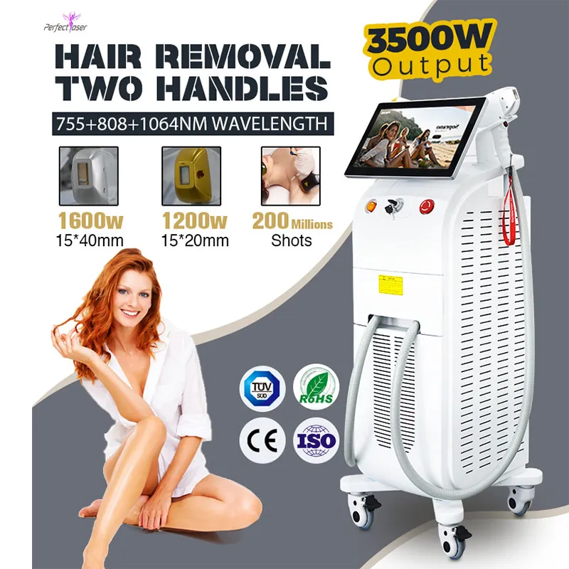 Ice Cooling Triple Wave Laser Machine 755 808 1064 NM Diod Lazer Hårborttagning Permanent Waxing Salon Beauty Equipment 2 Handtag 3500W Stark kraft